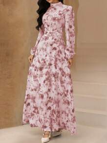 Graceveil Damklänning i chiffong med blommönster och ståkrage, lanternärm och midja i arabisk stil, enkla - Rosa - Visa 6