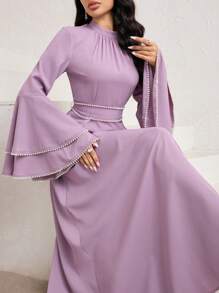 Veilorie 女士优雅阿拉伯风格珍珠装饰喇叭袖连衣裙 - 粉色 - 查看 1