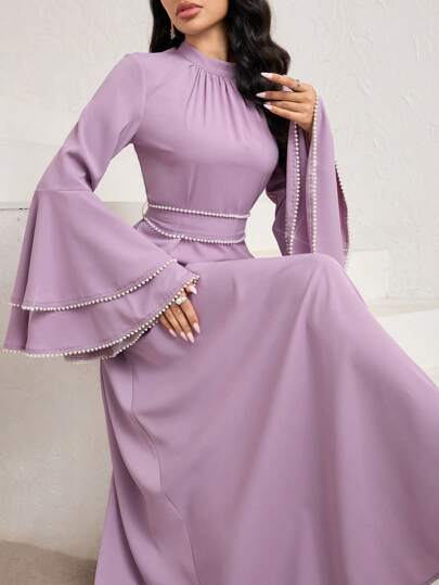 Veilorie Women's Elegant Arabic Style Pearl Decorated Bell Sleeve Dress Women Formal Long Dress