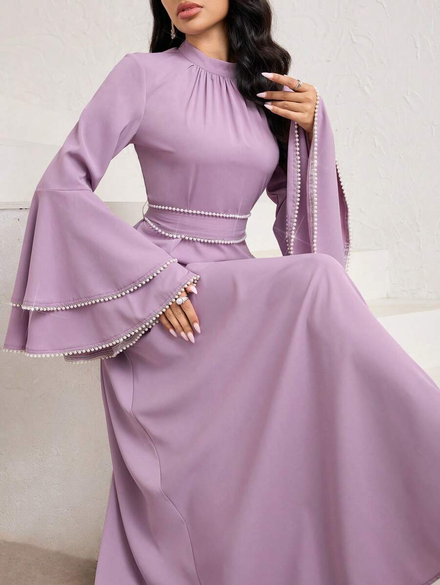 Veilorie 女士优雅阿拉伯风格珍珠装饰喇叭袖连衣裙 - 粉色 - 查看 1