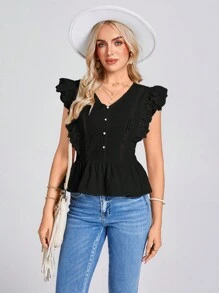 SHEIN LUNE Blusa Floral de Renda com Babados, Apropriada para Férias, Casamento, Dia dos Namorados - Preto - Visão 5
