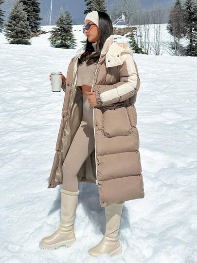 EURMUSE Women's Side Striped Casual Midi Puffer Winter Coat