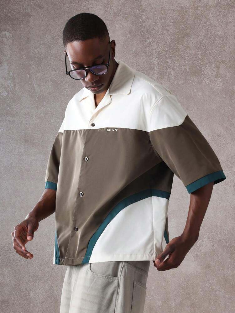 Color Block Boxy Fit Camp Collar Shirt