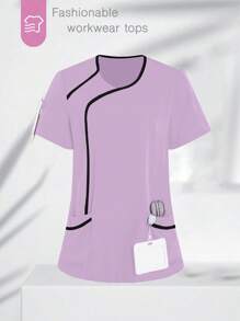 TaskEZ Maglietta donna con bordi a contrasto di colore, maniche corte, camice da lavoro