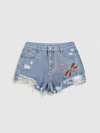 Fairycore Shorts di jeans consumati da donna con ricami di fate, farfalle, paillettes e strass