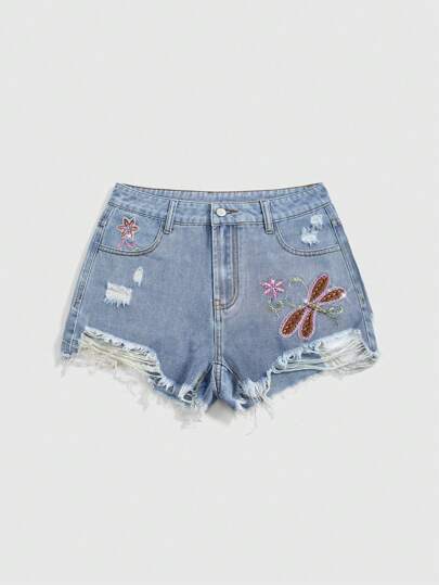 Fairycore Short en jean délavé pour femmes avec broderie de fée, papillon, paillettes et strass