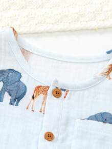 SHEIN 3M-3T Toddler Baby Boys Cute Cartoon Animal Print Half-Open Collar Button Decor Pocket Short Sleeve Top And Elastic Waist Shorts Set, Casual Cotton Outfit, Summer Summer Clothes For Baby Boys Boy Baby Clothes Baby Boys Sets Infant Summer Clothes - Grey - View 5