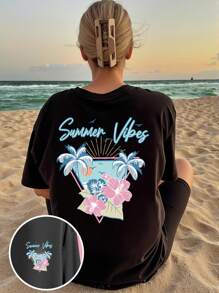SHEIN Teen Girl Summer Vibes Palm Tree & Sunflower Print Round Neck Short Sleeve Vacation T-Shirt, Black - Black - View 2