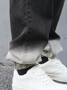 Manfinity EMRG 男士休闲渐变洗水抽绳腰牛仔裤 - 黑色 - 查看 7