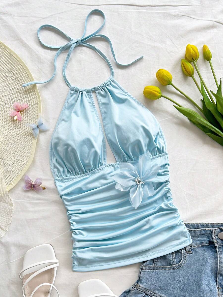 Soleia Women's Blue Vacation Knitted Halter Neck Blouse With Waist Ruching,Rave Top - Baby Blue - View 1