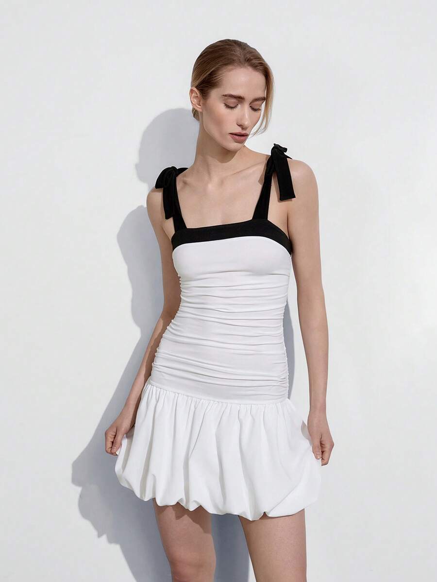 Lumivelle Women Color Block Ruffle Hem Cami Dress - White - View 1