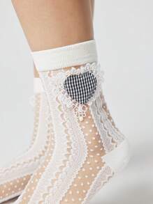 ROMWE Kawaii 1 Paio di calze lunghe versatili da donna con decorazioni in cristallo a cuore bianco a quadri e a pois nere a onde, traspiranti, adatte per tutte le stagioni