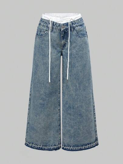 Grunge Punk Jeans décontractés femme à taille coulissante avec blocs de couleurs lavés et jambes larges