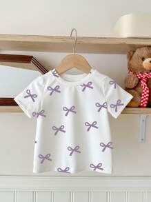 SHEIN Baby Girl Casual Minimalist Short Sleeve Round Neck Top, Suitable For Summer - Multicolor - View 1