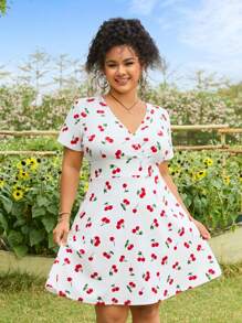 SHEIN EZwear Cherry Print Short Sleeve Dress, Women Holiday Fashion Outfit - White - View 3