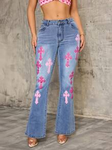 SHEIN SXY Pantalones vaqueros con vuelo estampados de mujer casuales - Azul - Ver 7