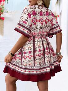 Breezaya Vintage-Blumenmuster V-Ausschnitt Taille gerafft Ärmel Kleid, modischer Frühlings-/Sommer-Urlaubsstil - Rot - Übersicht 2