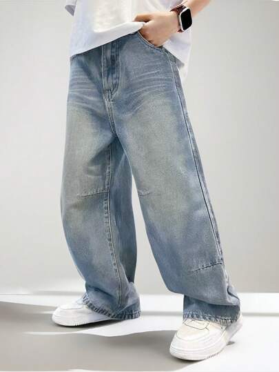 Genkimix Kids Denimly 男童休闲日常都市街头松紧腰拉链口袋破洞设计直筒牛仔裤