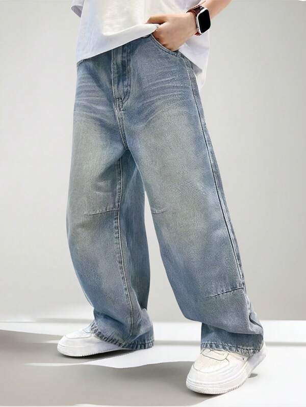 Denimly Jungen Lässig Alltags Urban Street Jeans mit Gummibund, Reißverschlusstaschen und Used-Optik, gerade Beinform