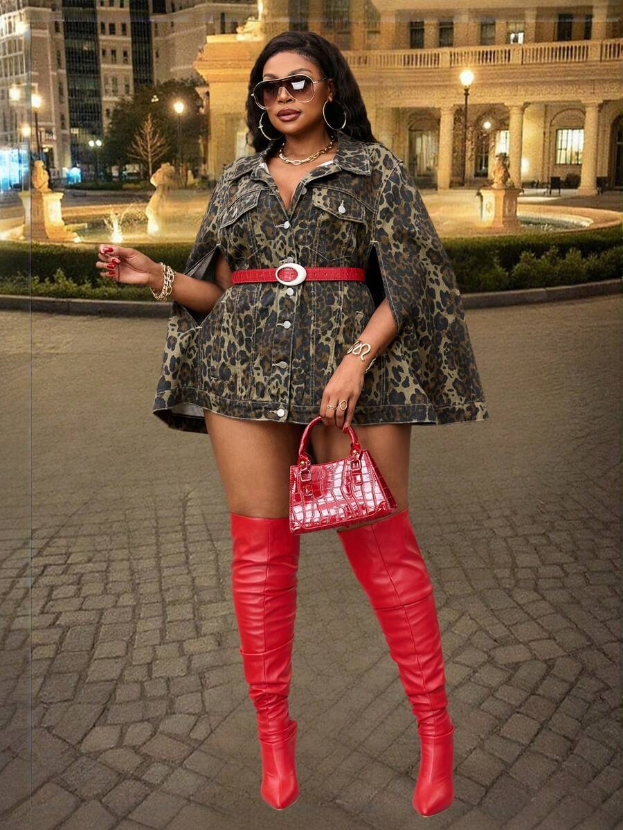 Plus Size Women Leopard Print Personalized Batwing Sleeves Denim Jacket - Brown - View 1