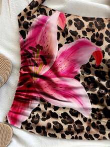 Soleia Tricot alb cu imprimeu leopard, crin și hibiscus, tricotat cu spate curse, potrivit pentru femei, vacanță la plajă, potrivit pentru vară