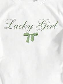 Tween Girl Casual Chic Minimalist Fresh Green Bowknot Letter Grafiskt tryck Monterad Crop Top T-shirt (syskon/matchande T-shirt, 2 stycken säljs separat) - Vitt - Visa 5