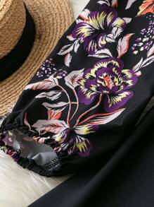 SHEIN LUNE Court Retro  Plus Size Women Elegant Floral Print Lantern Sleeve Belted Dress Maxi Women Outfit - Purple - View 5