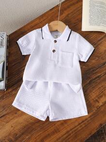 2pcs Infant/Baby Boys Apricot Loose Fit Button Contrast Ribbed Cuffs Collar Short Sleeve Polo Shirt With Elastic Waist Shorts Set, Summer,Kid Clothes,Toddler Clothes, Baby Outfit, Infant Baby Boys Outfits,Baby Shirt ,Toddler Shorts,3M-3T Infant Boy Clothes Summer Boy Baby Clothes Summer Boys Summer Clothes Sets Boy Clothes Infant
