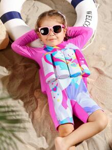 1pc Unicorn Print Raglan Sleeve One-Piece Swimsuit For Girls (Printed Design) - Multicolor - View 4