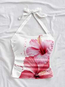 Soleia Women's Vacation Halter Neck Ruched Open Back Tie Knot Slim Fit Camisole Tank Top, Suitable For Summer, Vacation, With Hibiscus Flower Print,Boho,Vacation
