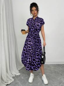 Chiquease Women's Casual Vacation Travel Leopard Print Front Button Shirt Belt Bow Pocket Side Slits 2025 Summer New Short Sleeve Long Dress