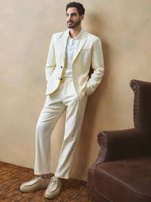 Manfinity NXTstreet 2pcs Men's Casual Fitted Shoulder Padded Blazer Jacket And Tapered Suit Pants Set, Plain Color, Suitable For Daily Wear - White - View 3