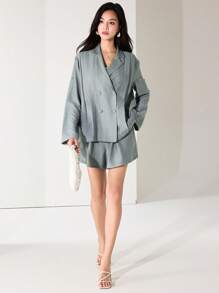 Modelyn Conjunto de Terno com Blazer e Shorts com Colarinho Blazer e Punhos em Cor Sólida para Mulheres - Verde - Visão 6