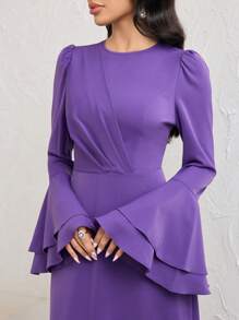 Veilorie Women Elegant Solid Color Flare Sleeve Dress - Purple - View 7