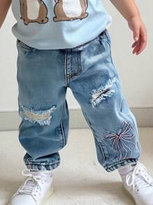 Baby Girl Y2K Urban Street Boho Cool Baby Girl Cute Pink Bow Knot Embroidery Detail Light Wash Stone Wash Destroy Ripped Detail Loose Fit Straight Jeans, Fully Elastic Waistband And Flat Pockets. - Light Wash - View 1