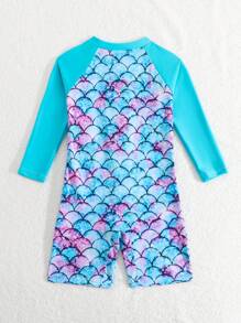 Young Girl Mermaid Scale Print Splicing Swimsuit - Multicolor - View 2