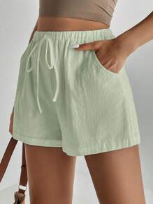 SHEIN Tall Women's Casual Mint Green Mini Shorts: Woven Fabric Drawstring Summer Shorts With Pockets - Mint Green - View 4