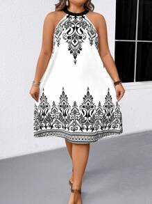 Breezaya Elegant Commuter & Holiday Casual Versatile Plus Size Women's Round Neck Sleeveless Black & White Patterned Fabric Dress, Spring/Summer/Autumn