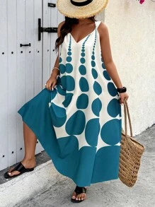 Breezaya Plus Size Teal Blue And White Polka Dot Midi Dress: Casual Summer Spaghetti Strap Dress With Ruffle Hem - Multicolor - View 1