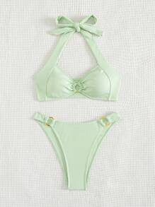 SHEIN Swim 夏季海滩女士纯色吊带胸罩和泳裤比基尼套装泳衣棕色比基尼两件套比基尼 - 薄荷綠 - 查看 5