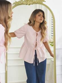KURAYIA Camicia allentata con maniche a palloncino e legatura davanti, casual, per donna, camicetta estiva oversize per donna