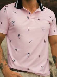 Manfinity VCAY 男士针织修身常规肩翻领短袖休闲Polo衫，适合夏季。夏季Polo衫沙滩男士粉色男士衬衫情人节男士 - 彩色 - 查看 3