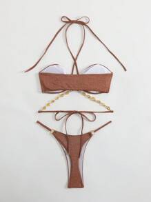 Elenzga Bikini de dos piezas para mujer con diseño nuevo y sexy, con escote halter, corte cruzado en frente y espalda, con lentejuelas doradas y plateadas, tirantes tipo espagueti, estilo brasileño - Marrón - Ver 6