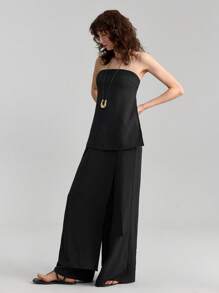 Ontre 2-częściowy zestaw damski lato 2025: jednolity kolor bezrękawnik i długie spodnie, modny strój na imprezę i wakacje, kolor czarny, minimalistyczny styl, neutralny i elegancki, luźny i wygodny, na okazje swobodne i towarzyskie