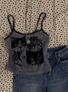 Attitoon 女士短款性感猫咪印花背心，适合夏季 - 彩色 - 查看 4