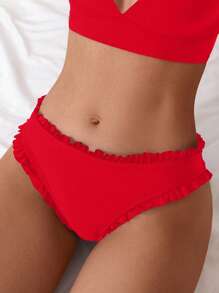 SHEIN Swim Women's Summer Holiday Solid Color Ruffle Triangle Bikini Bottom - Red - View 1