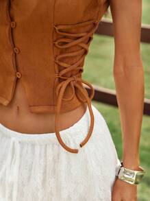 SHEIN LUNE Rave Concert Women Country Concert Rave Festival Women V-Cổ khóa trang trí dây đeo chéo eo, Áo ba lỗ phong cách lễ hội âm nhạc, Vải da lộn, Trang phục đường phố thanh lịch thường ngày cho kỳ nghỉ - màu nâu - Xem 8