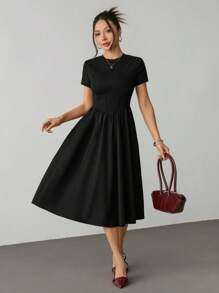 SHEIN PETITE Women's Solid Color Round Neck Short Sleeve Cinched Waist Elegant Long Dress,Summer Dresses For Women - Black - View 7