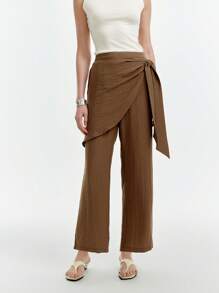 SHEIN Clasi Pantalones casuales con textura y lazo lateral para mujer - Marrón - Ver 1