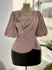 Sweetra Plus Size Woven Taffeta Elegant Pleated Floral Lantern Sleeve Blouse